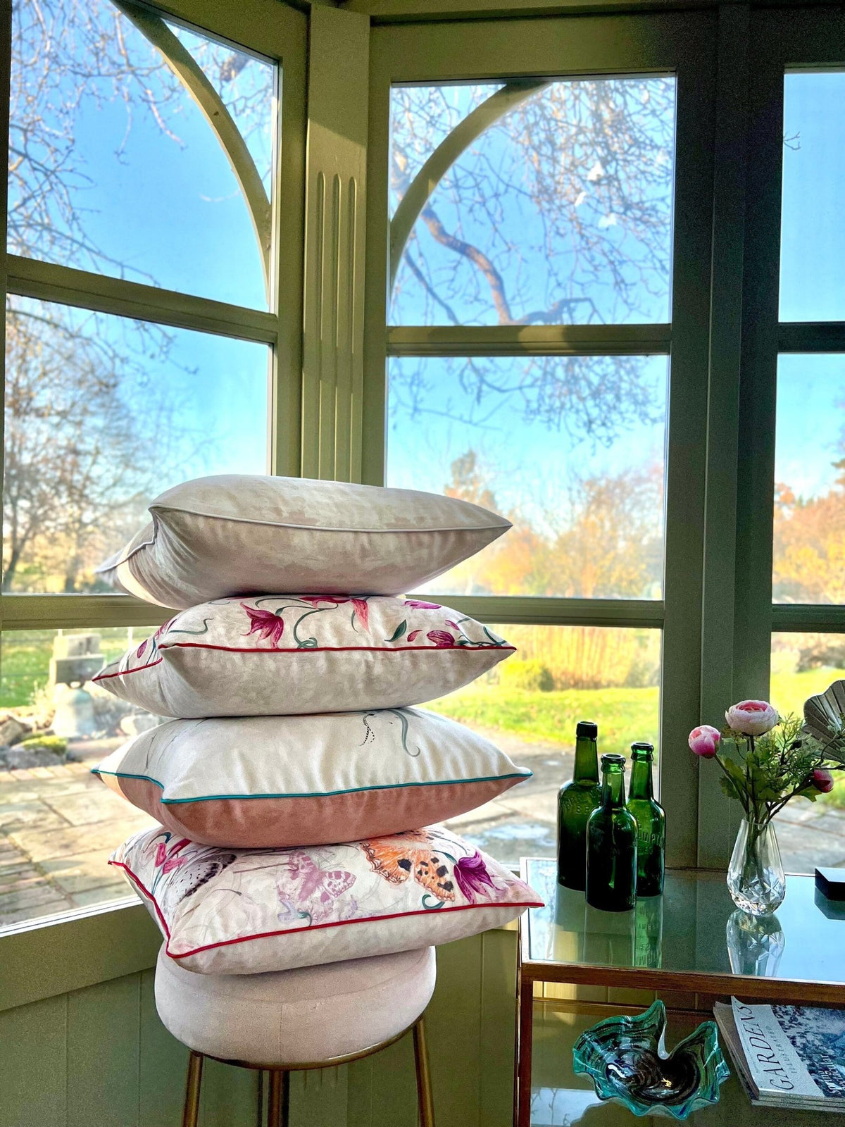 Copperfield Butterfly Brushed Cotton Cushion Cover With Green Piping - Lydia Hill Designs