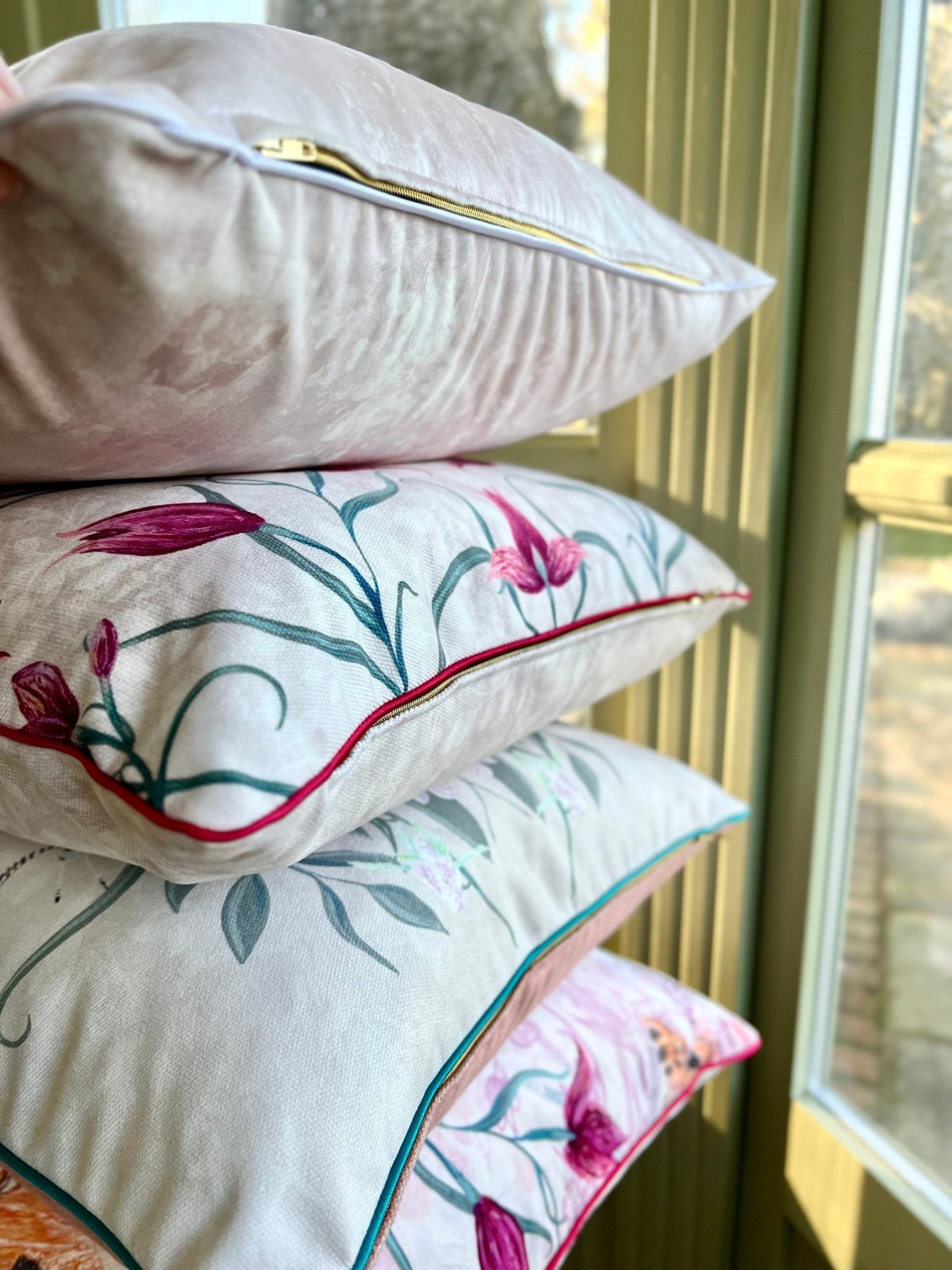 Copperfield Butterfly Brushed Cotton Cushion Cover With Green Piping - Lydia Hill Designs