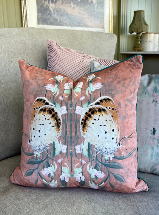 Copperfield Butterfly Cushion Cover With Green Piping - Lydia Hill Designs