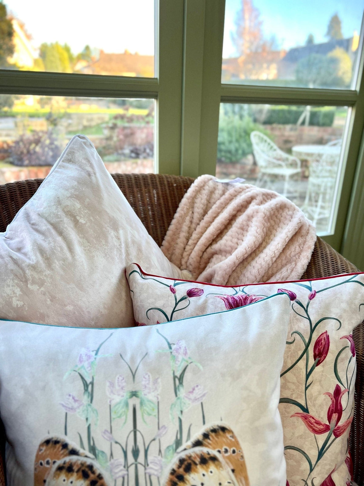 Red Helleborine Orchid Velvet Cushion Cover With Pink Piping - Lydia Hill Designs