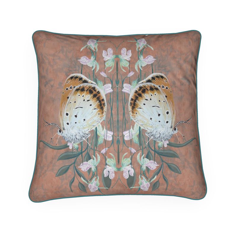Copperfield Butterfly Cushion Cover With Green Piping - Lydia Hill Designs