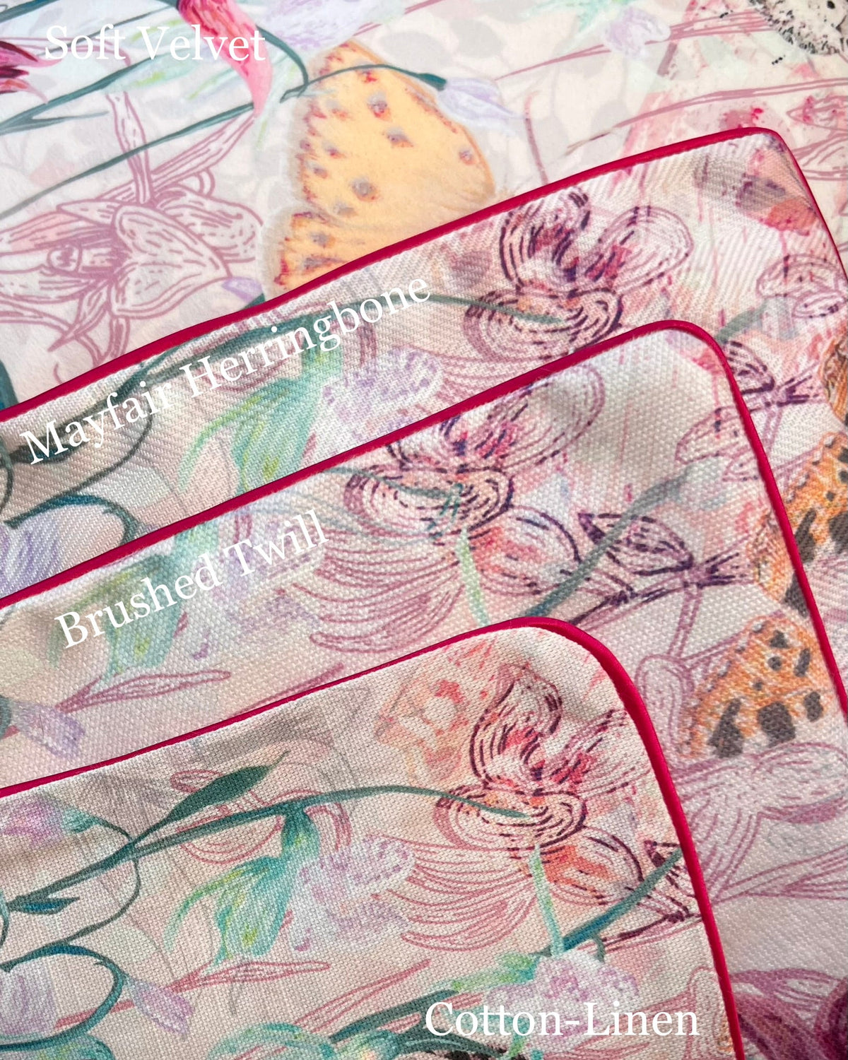 Endangered Eden Floral Butterfly Cushion Cover With Pink Piping - Lydia Hill Designs