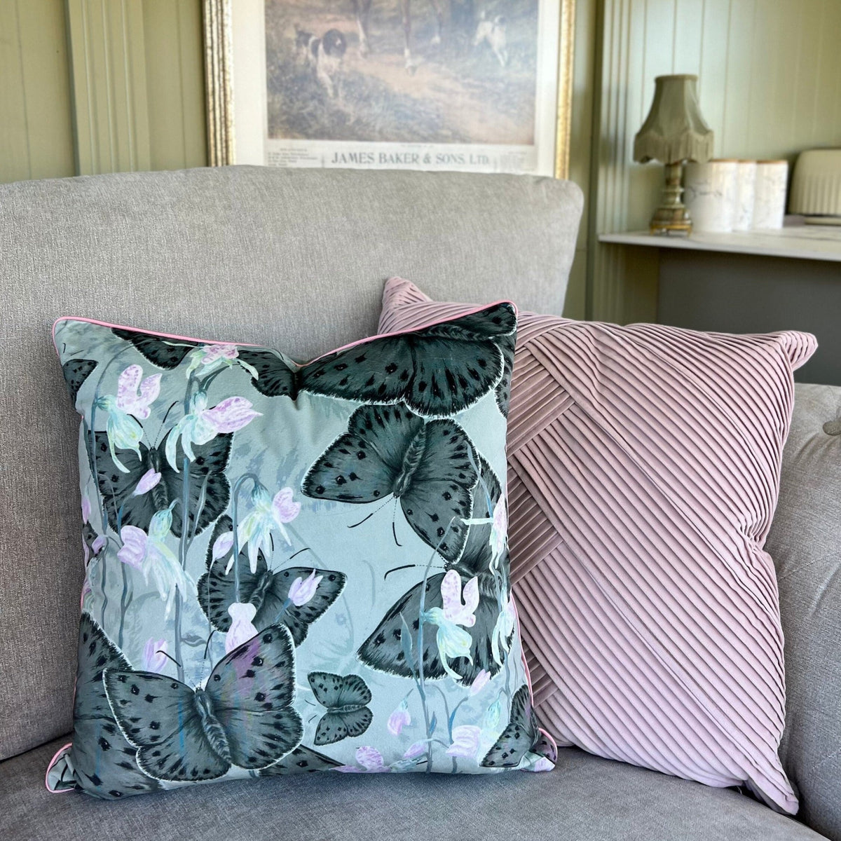 Copper Ghost Butterfly Texture Velvet Cushion Cover With Rose Piping - Lydia Hill Designs