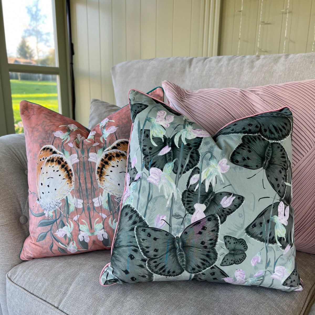 Copper Ghost Butterfly Texture Velvet Cushion Cover With Rose Piping - Lydia Hill Designs