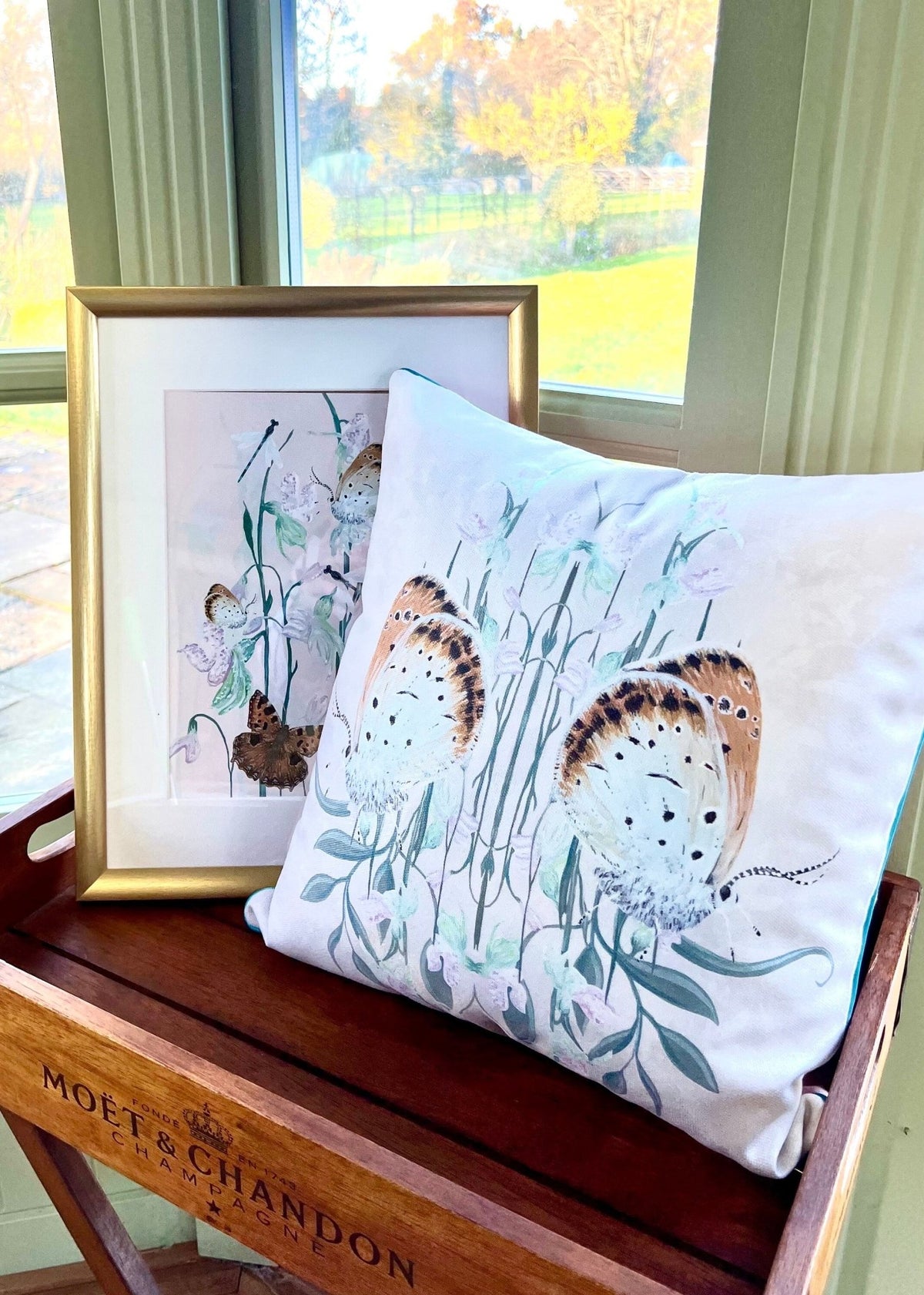Copperfield Butterfly Brushed Cotton Cushion Cover With Green Piping - Lydia Hill Designs