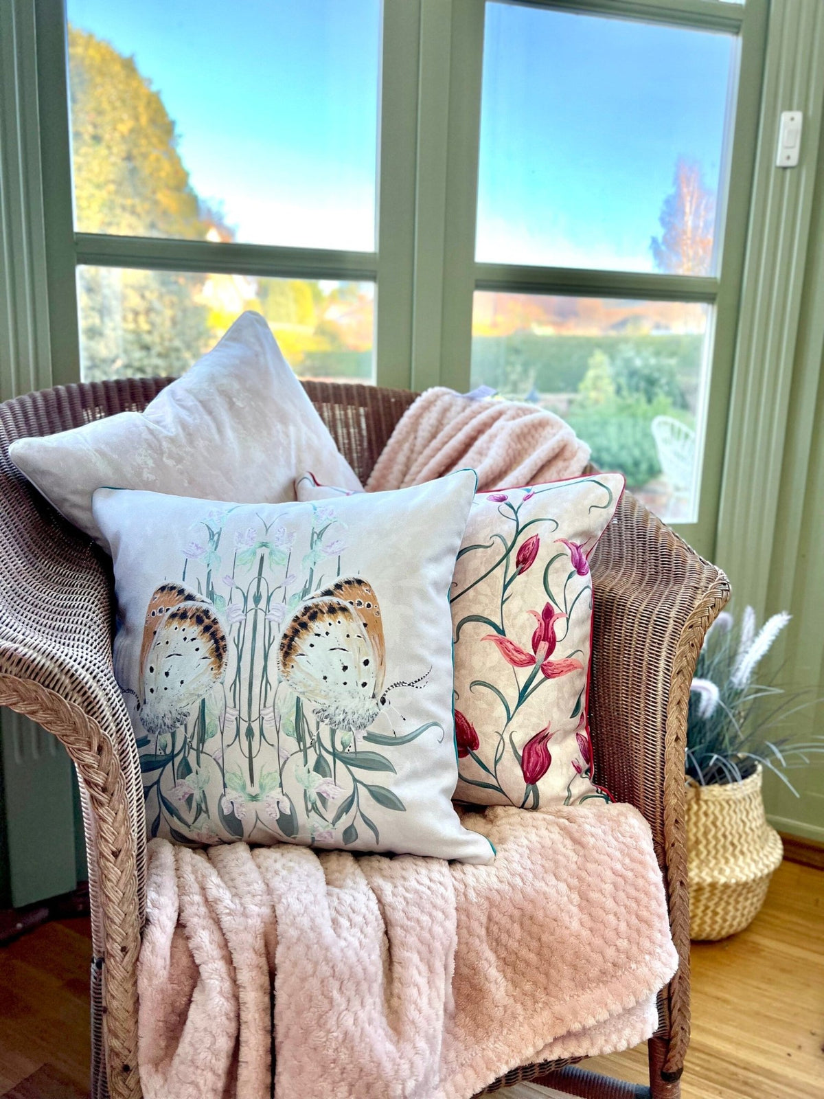 Copperfield Butterfly Brushed Cotton Cushion Cover With Green Piping - Lydia Hill Designs