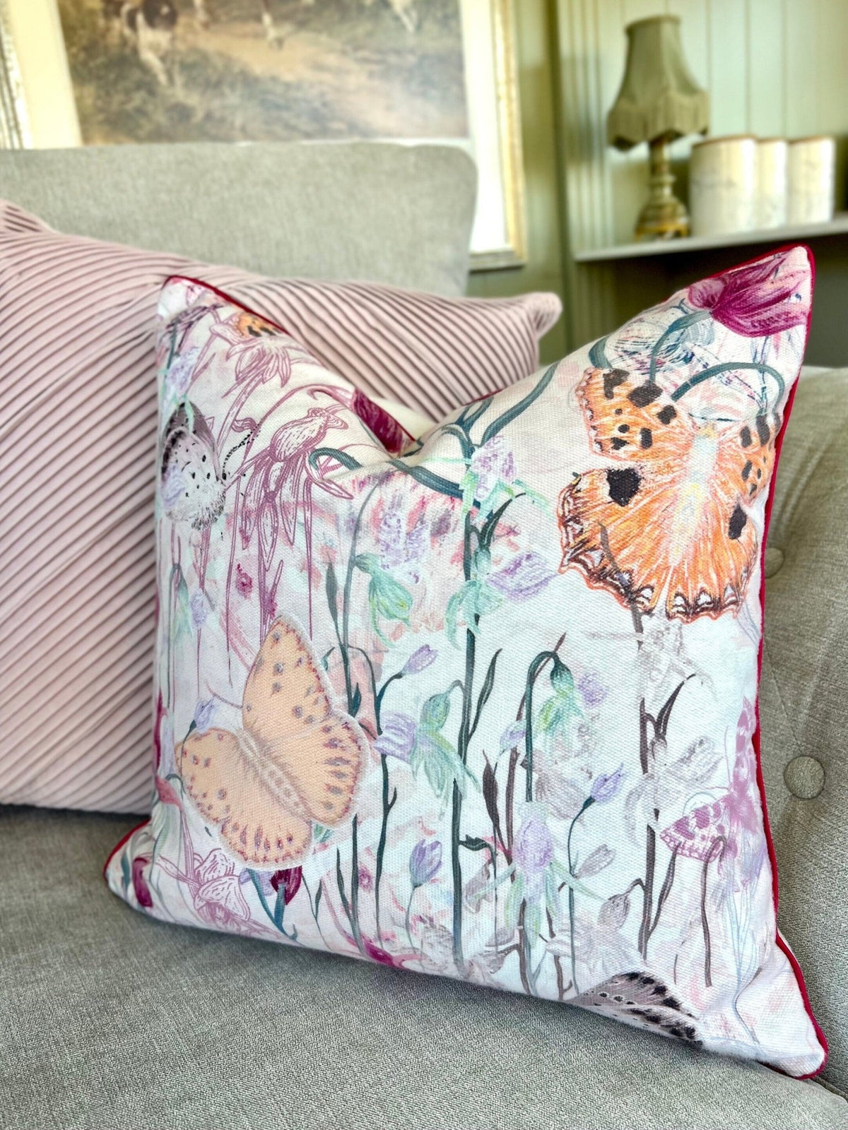 Endangered Eden Floral Butterfly Cushion Cover With Pink Piping - Lydia Hill Designs