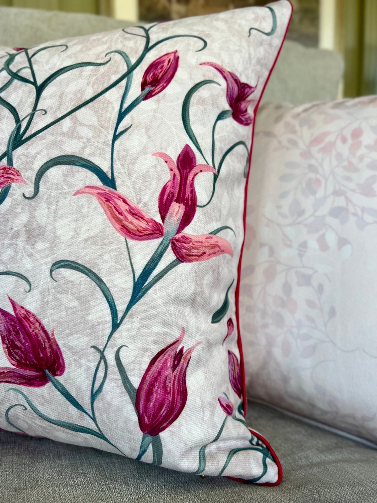 Red Helleborine Orchid Velvet Cushion Cover With Pink Piping - Lydia Hill Designs