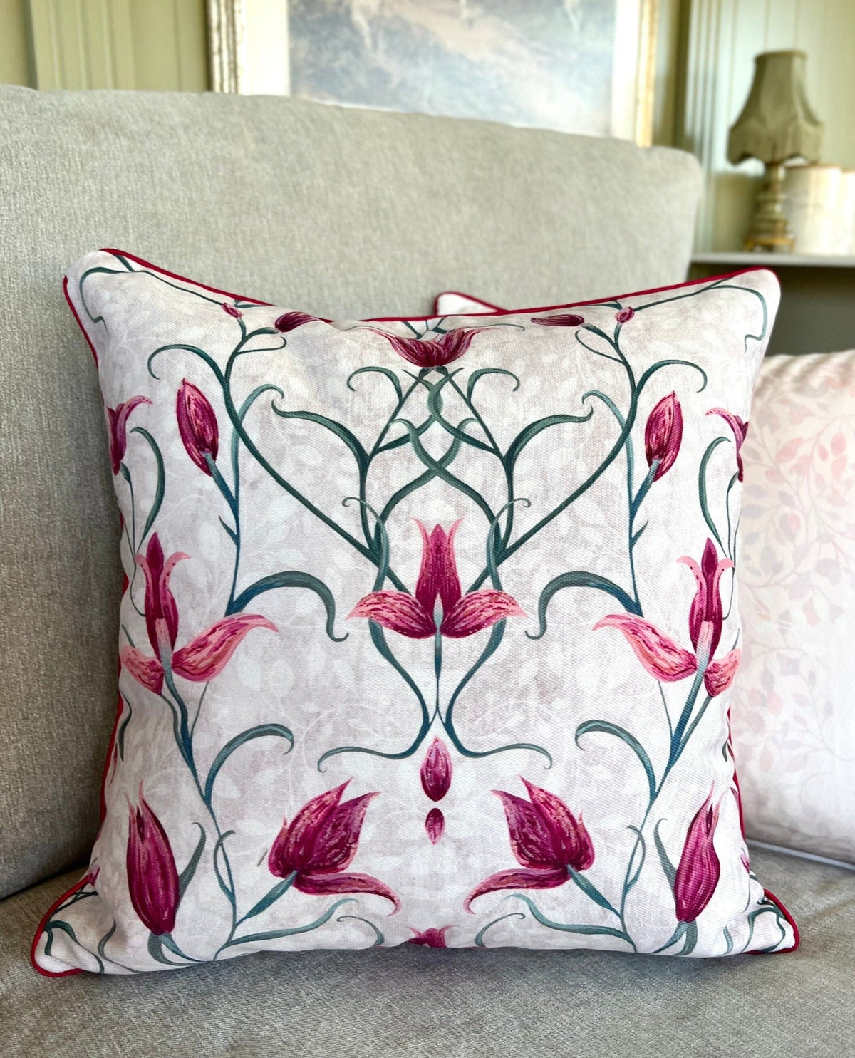 Red Helleborine Orchid Velvet Cushion Cover With Pink Piping - Lydia Hill Designs