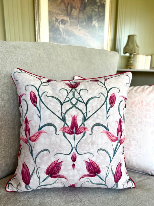 Red Helleborine Orchid Velvet Cushion Cover With Pink Piping - Lydia Hill Designs